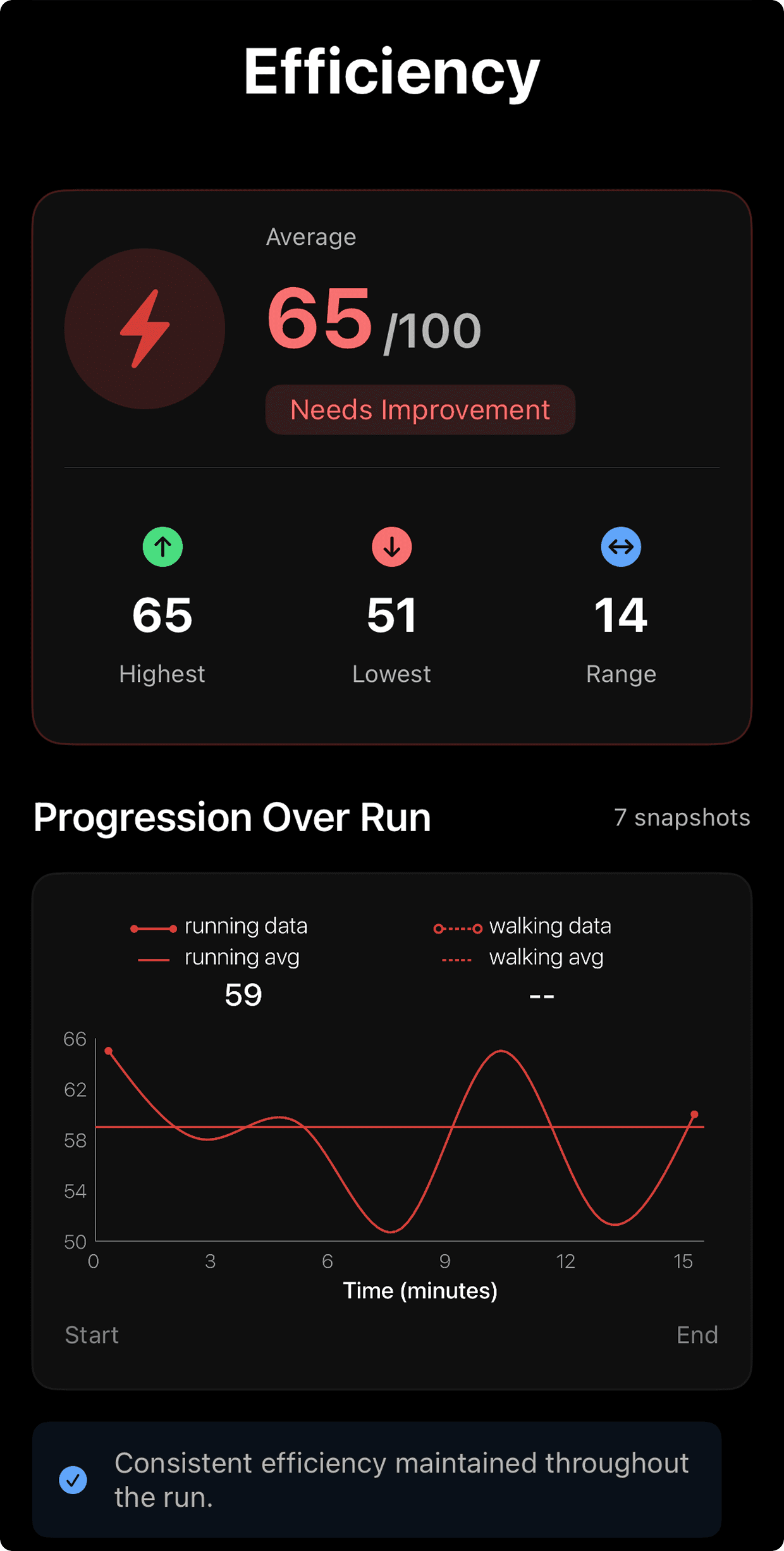 Efficiency detail with average, highest, lowest, and range, and a chart of efficiency over the run